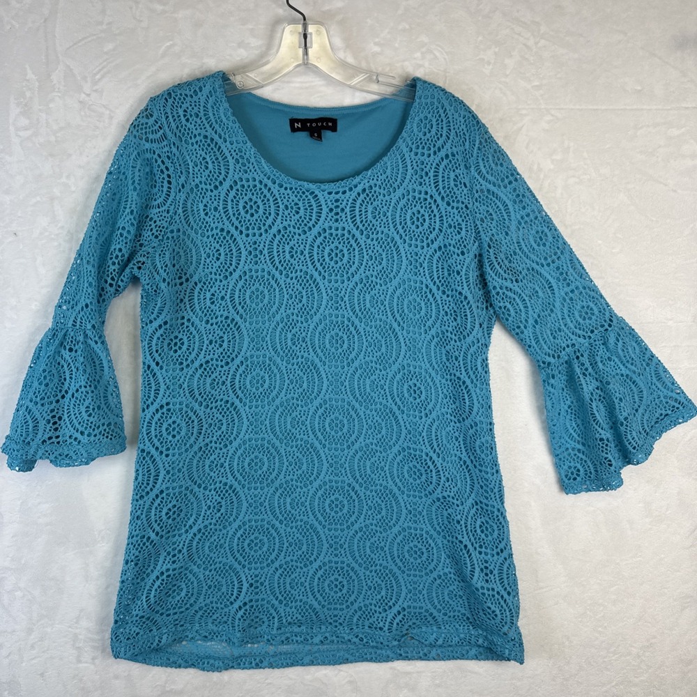N Touch Women Small Teal Lined Lacey Tunic Top Blouse Bell Sleeve Romantic